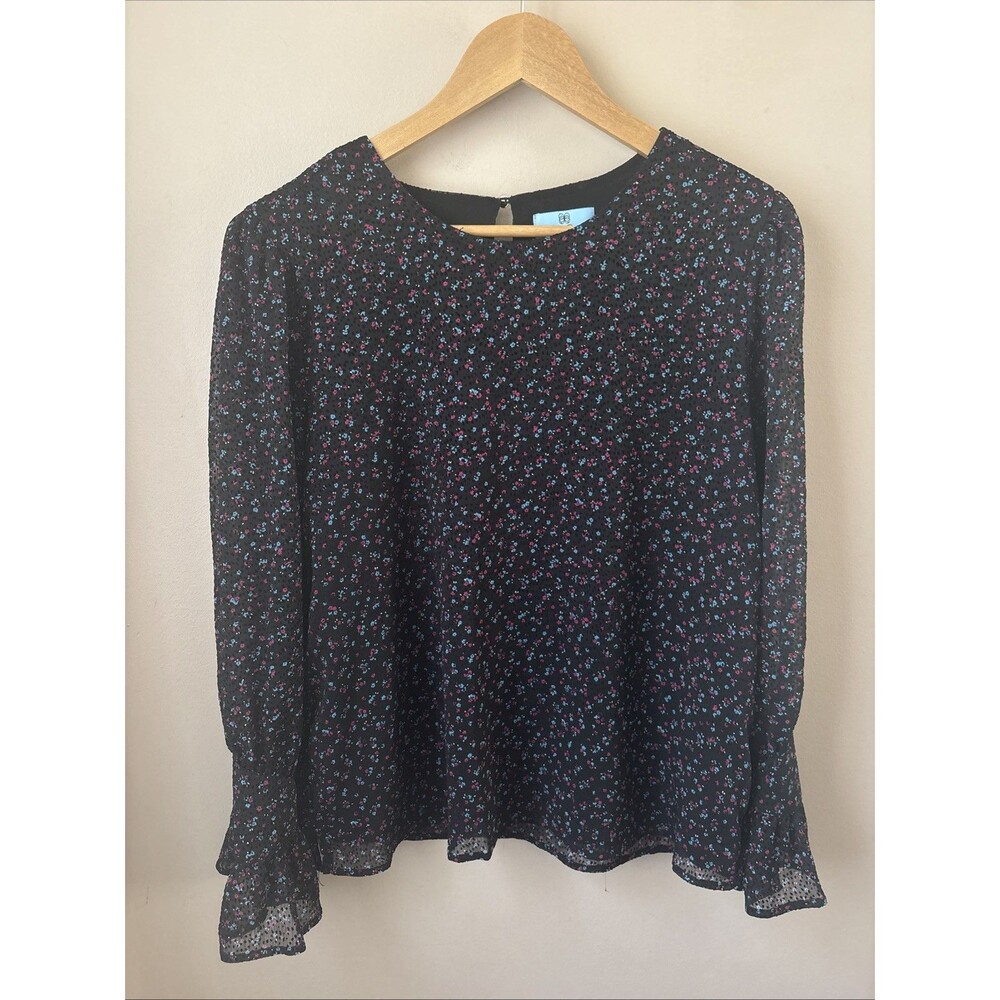 CeCe Floral Blouse Womens L Black Bell Sleeve Top Long Sleeve Lightweight